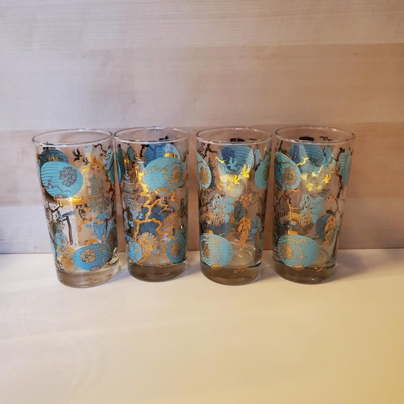 Set of 4 Vtg Dominion MCM Highball Tumbler Asian Turquoise Gold Drinking Glasses - Picture 10 of 15